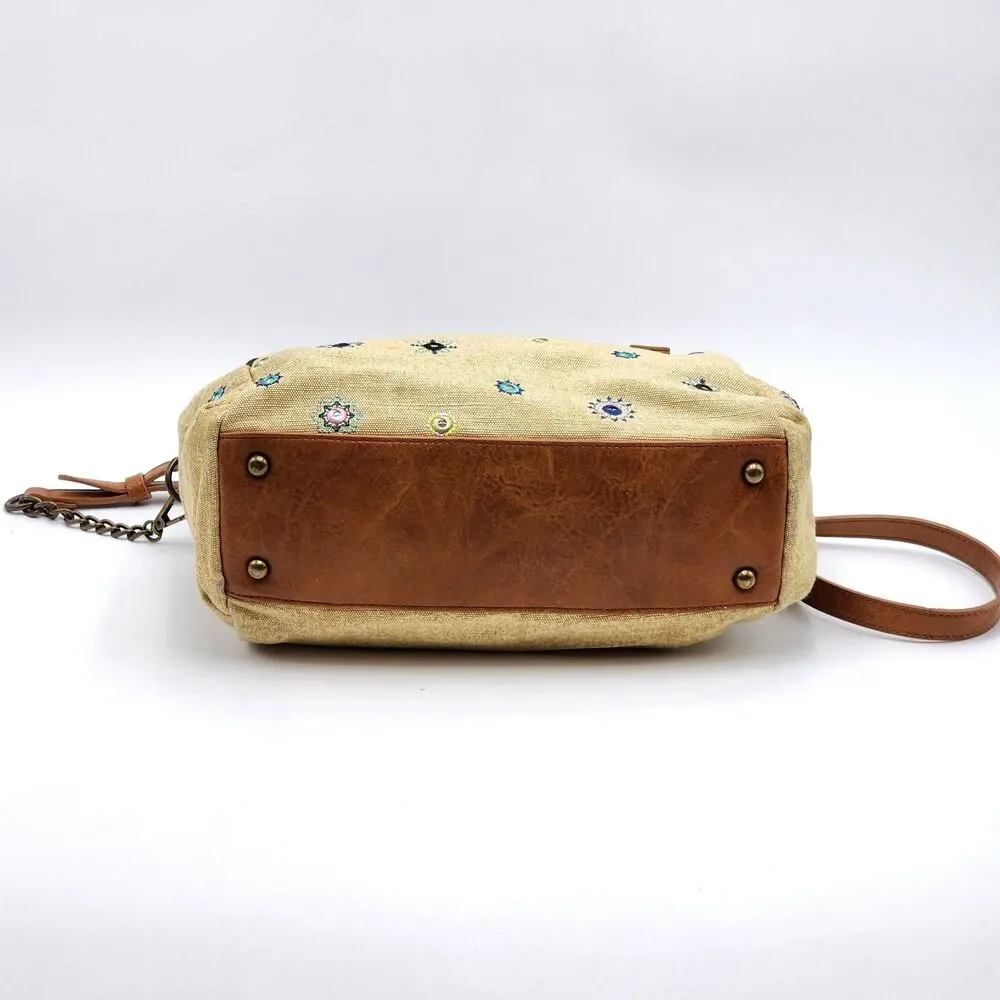 Desigual Mandalas Embroidered Julietta Loverty Canvas Satchel Bag Tan Brown HTF